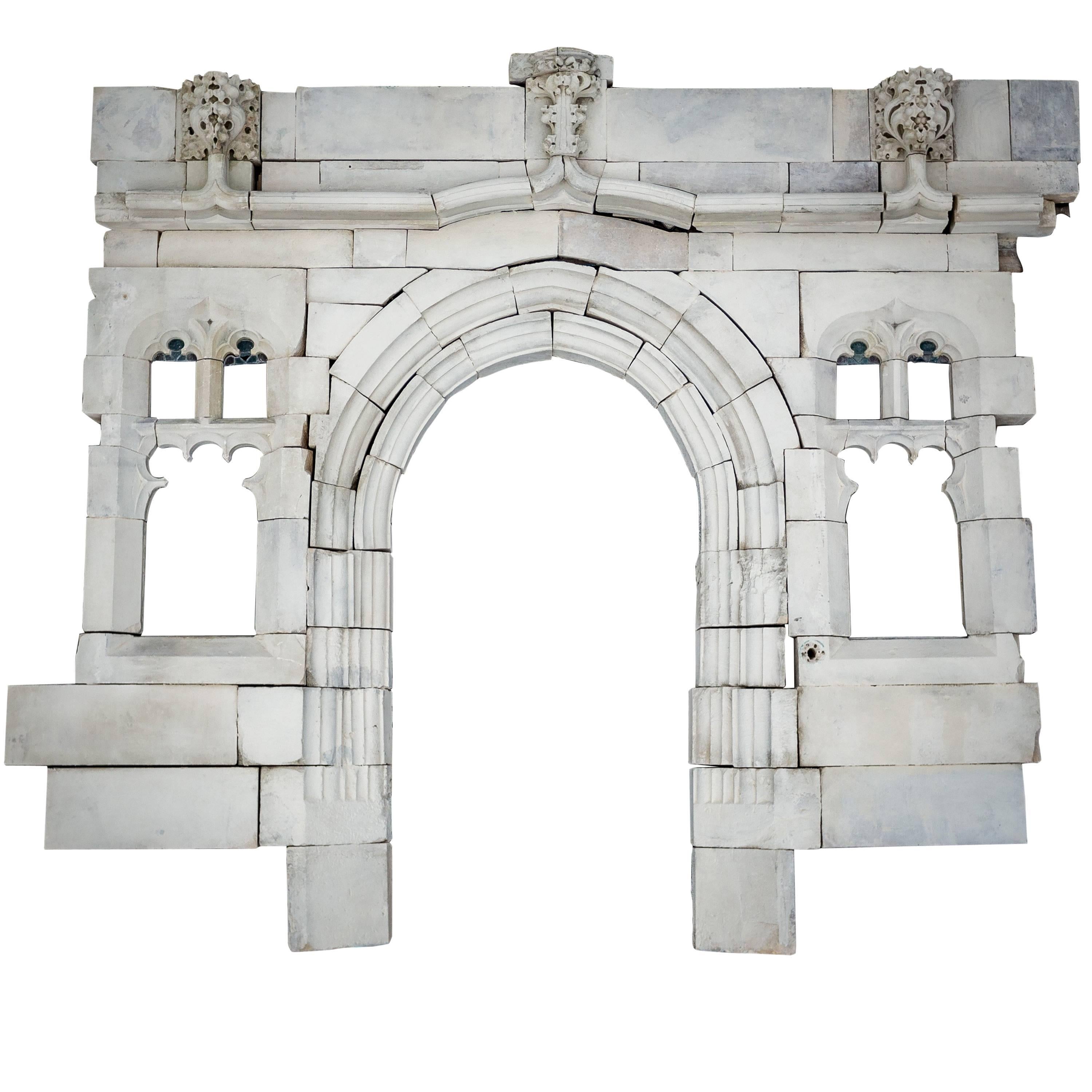 19th Century Gothic Arched Bath Stone Doorway Entranceway with Mullion Windows  For Sale