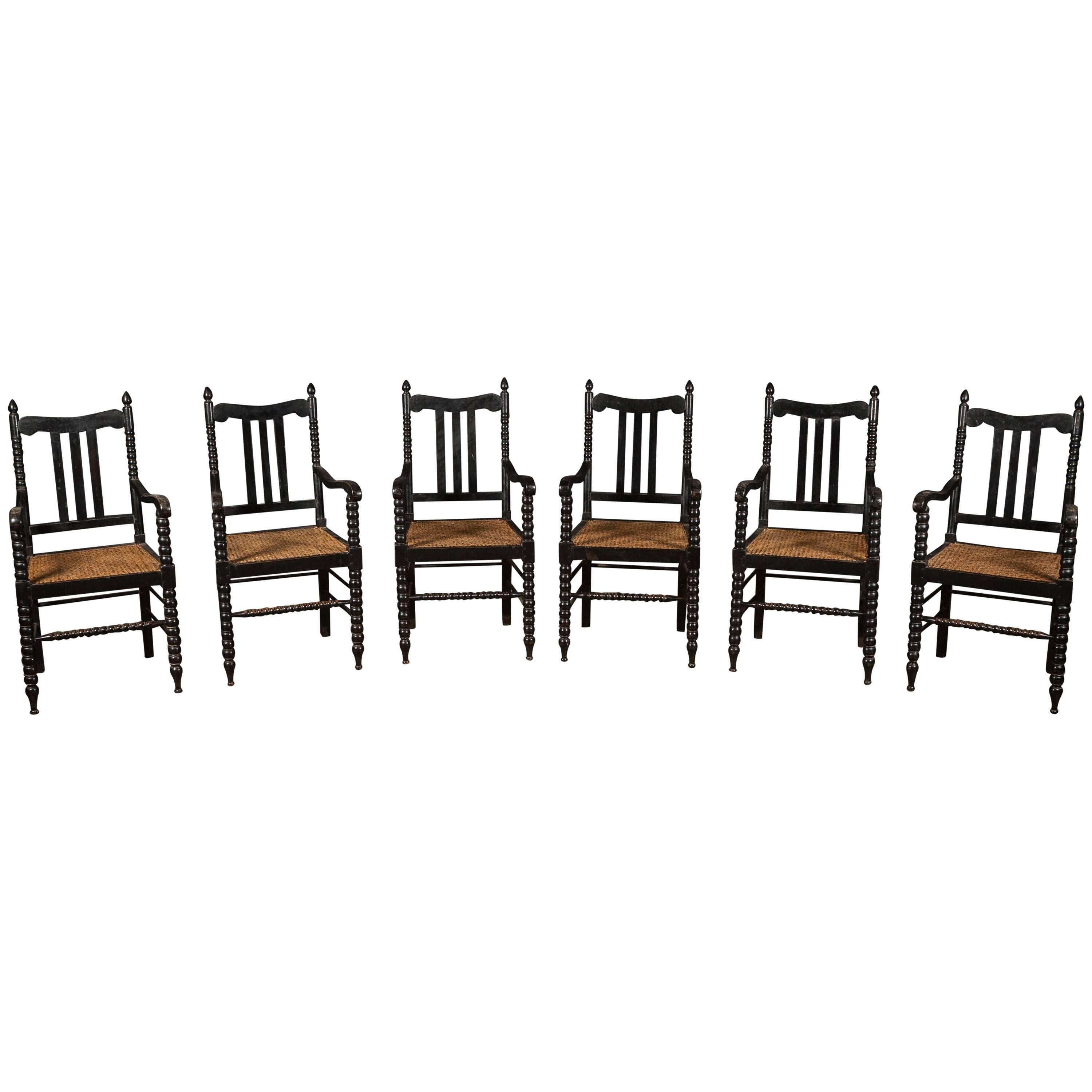Set of Six Ebonized Bobbin Turned Splat Back Armchairs Dining Chairs For Sale