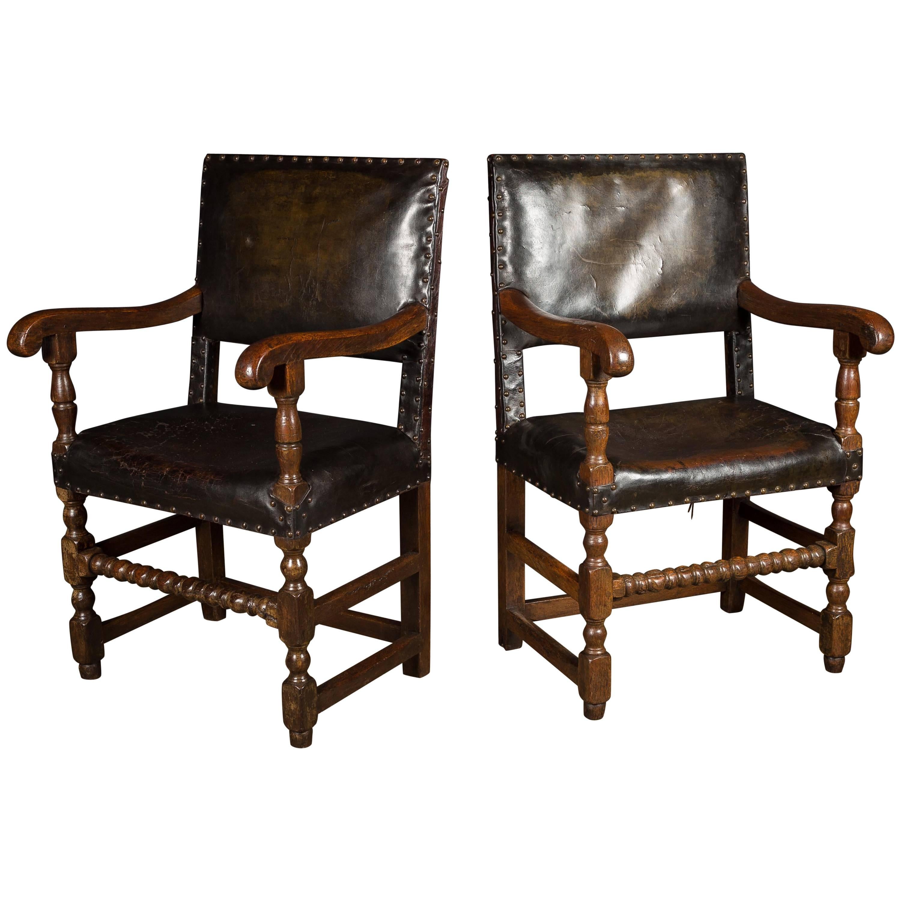 Pair of 17th Century Studded Leather Bobbin Turned Wide Oak Seats