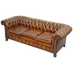Antique Fully Sprung Thomas Chippendale Restored Aged Brown Leather Chesterfield Sofa