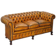 Antique Fully Restored Victorian Chesterfield Brown Leather Club Sofa Claw and Ball Feet