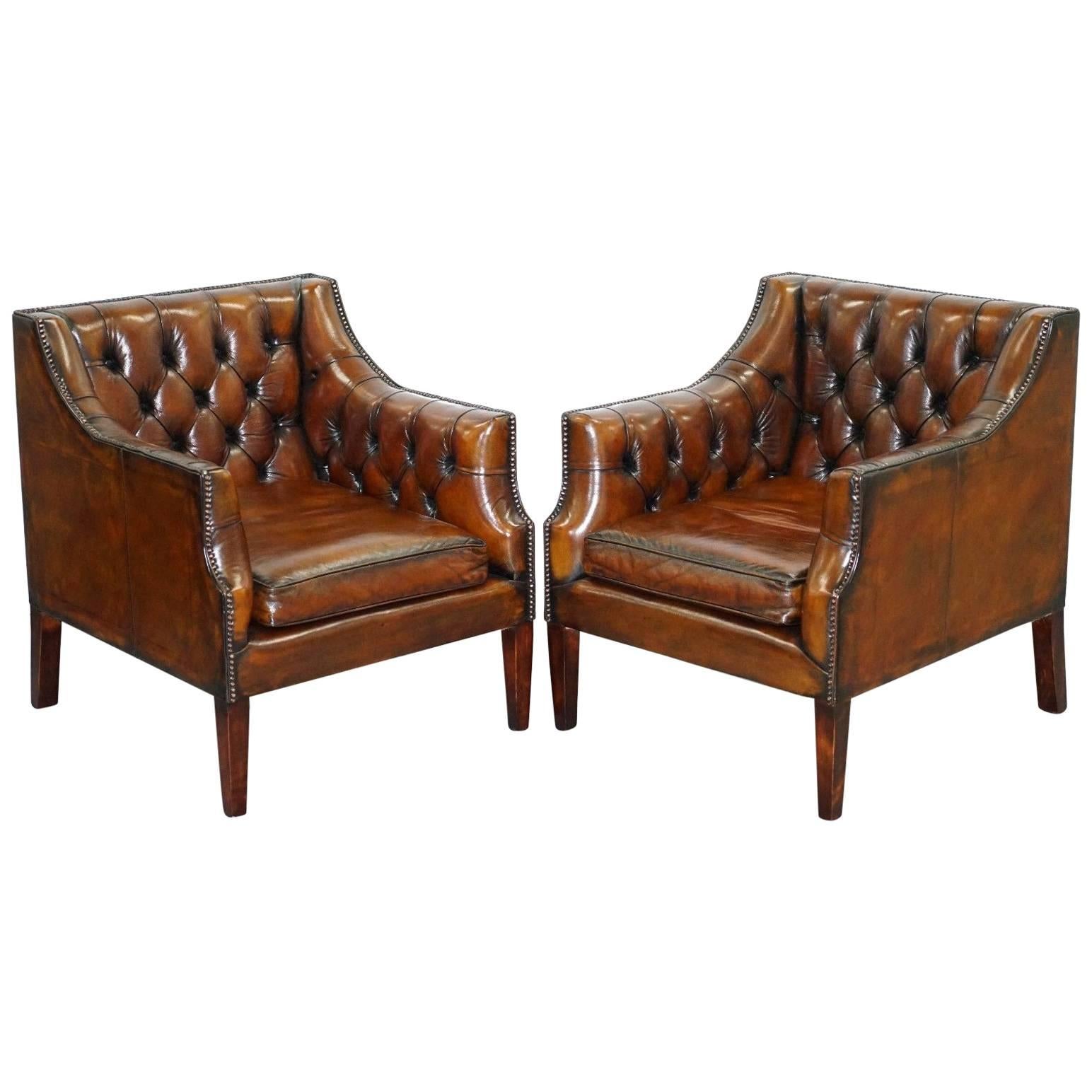 Pair of George Smith Chesterfield Armchairs in Brown Leather