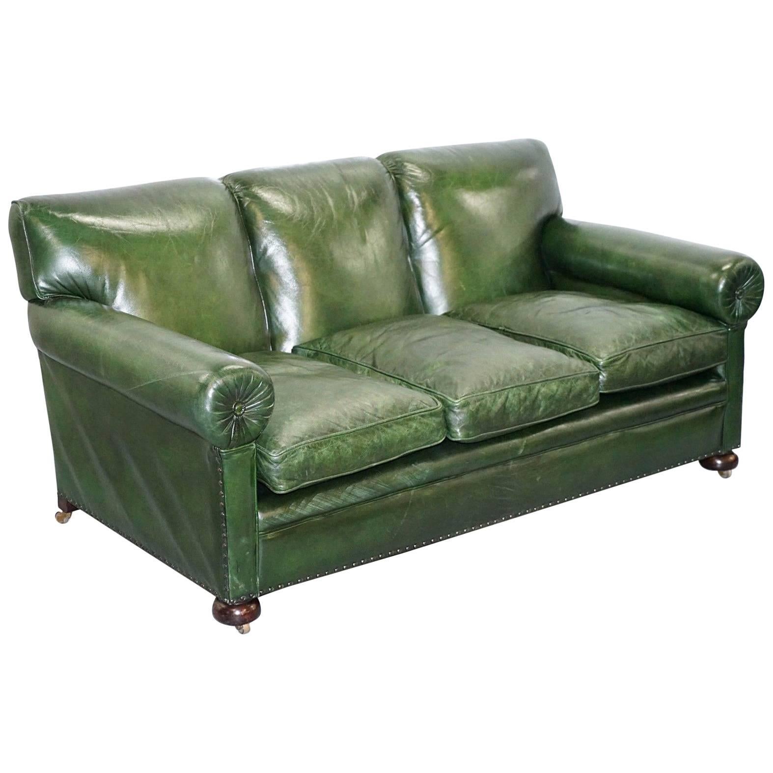 Stunning Victorian Green Leather Maple & Co the Hever Three-Seat Club Sofa