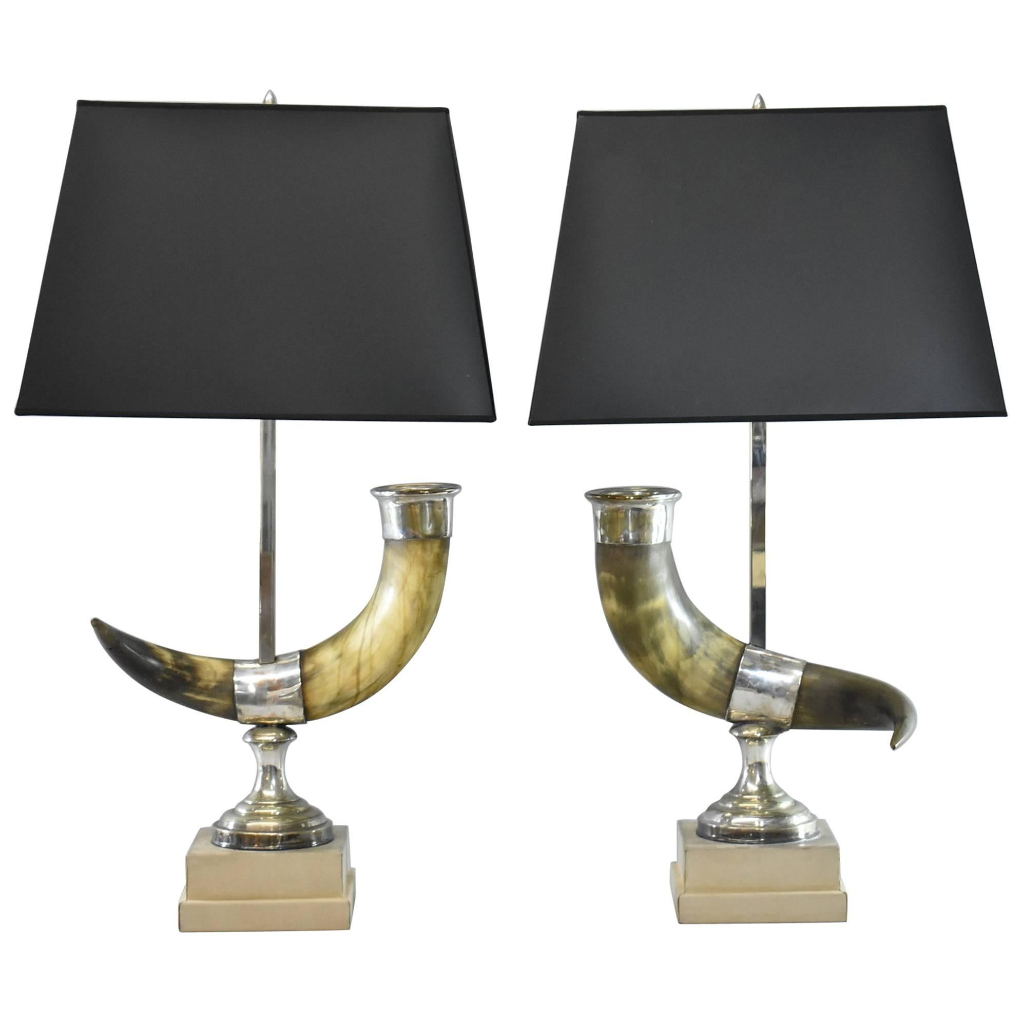 Pair of Natural Long Horn Steer Table Lamps 