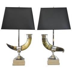 Pair of Natural Long Horn Steer Table Lamps 