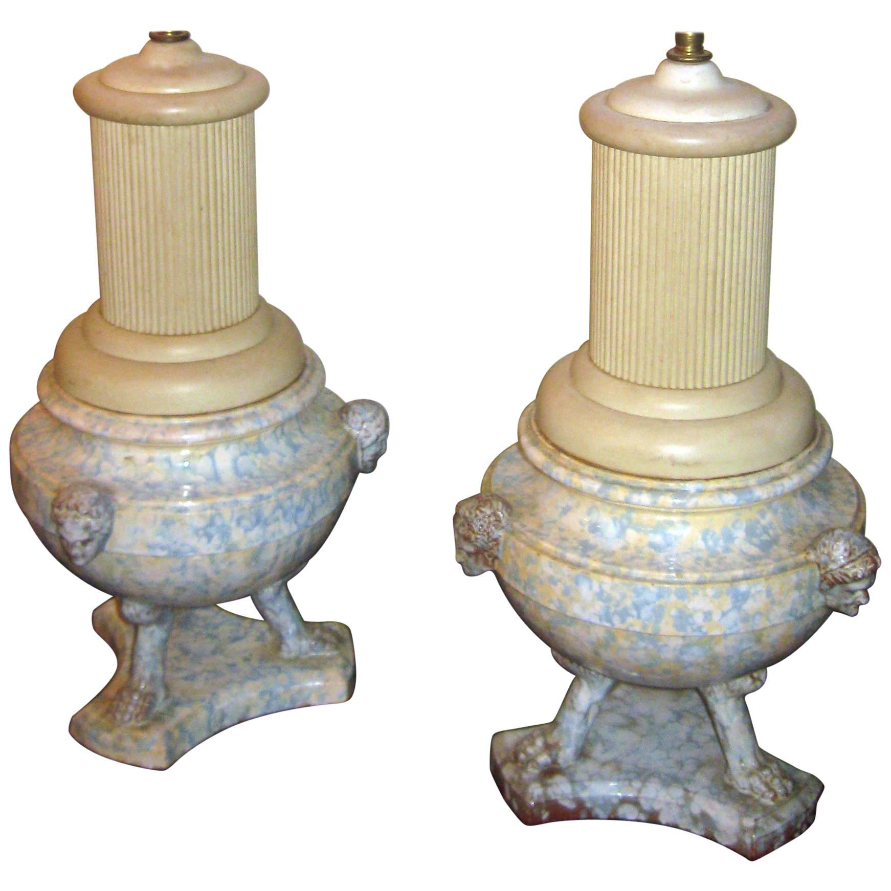 19th century Italian Spongeware Urn Lamp, Pair