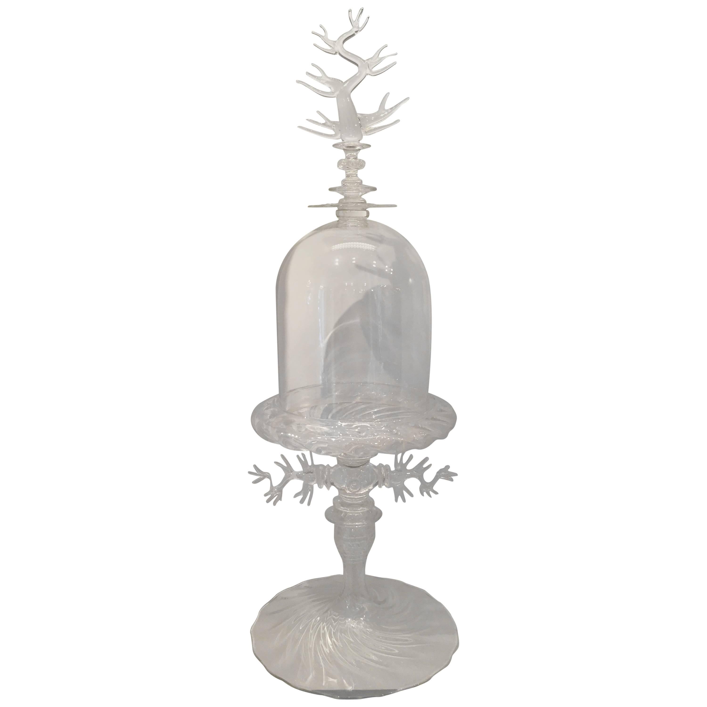 Extra Large Handblown Clear Glass Bell Jar with Coral Design
