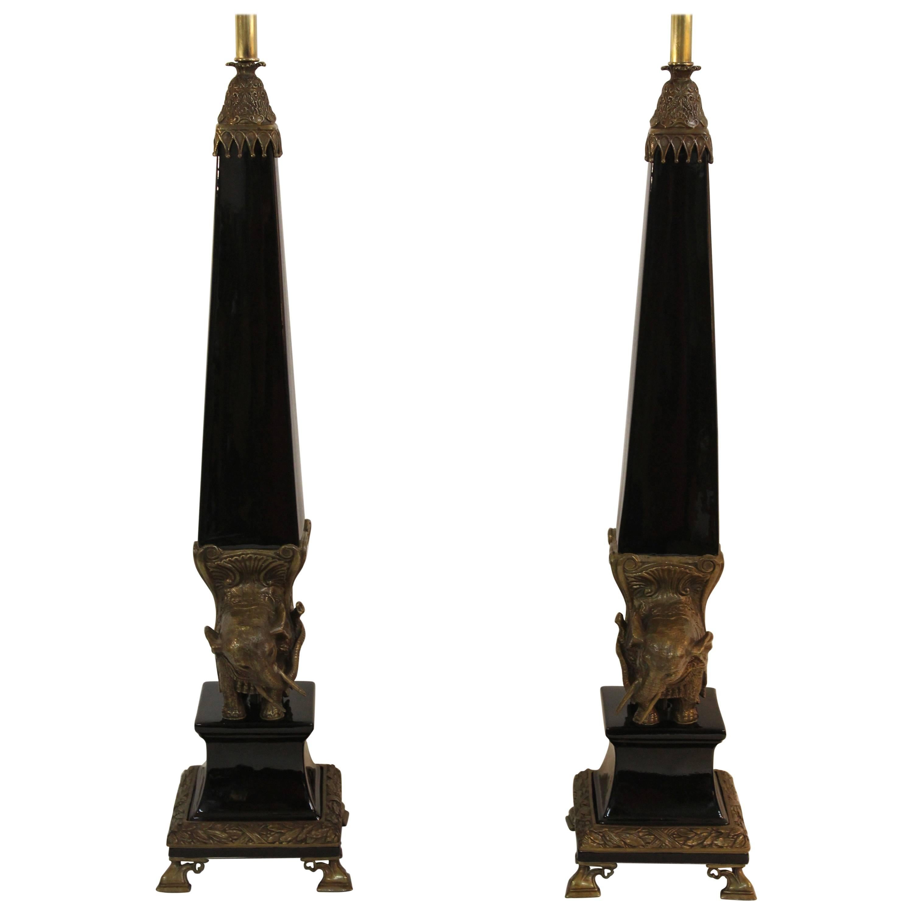 Pair of Hollywood Regency Elephant Obelisk Lamps