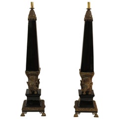 Vintage Pair of Hollywood Regency Elephant Obelisk Lamps