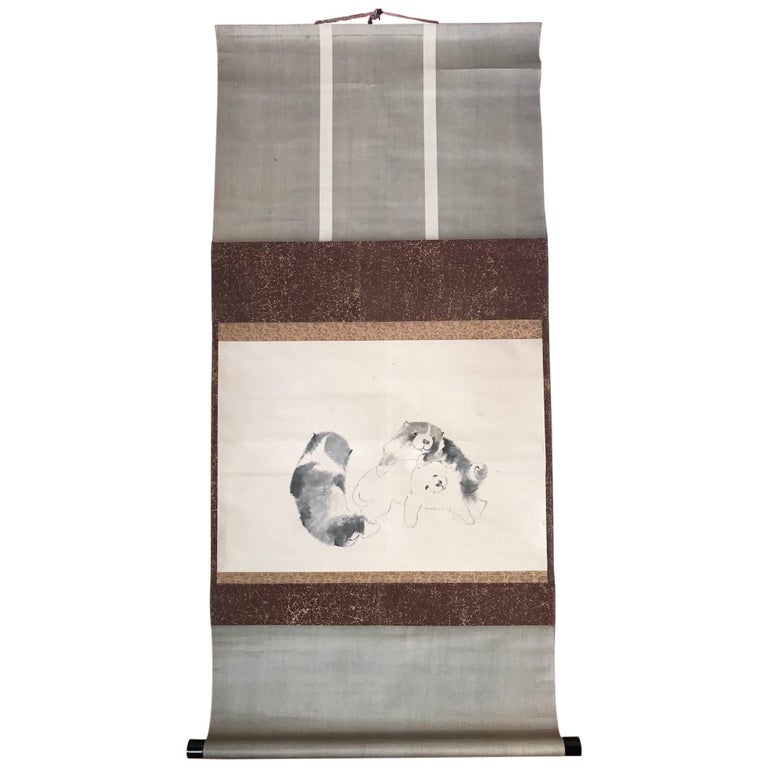 Japan Pair Lovable Puppies Antique Hand-Painted Scroll  For Sale