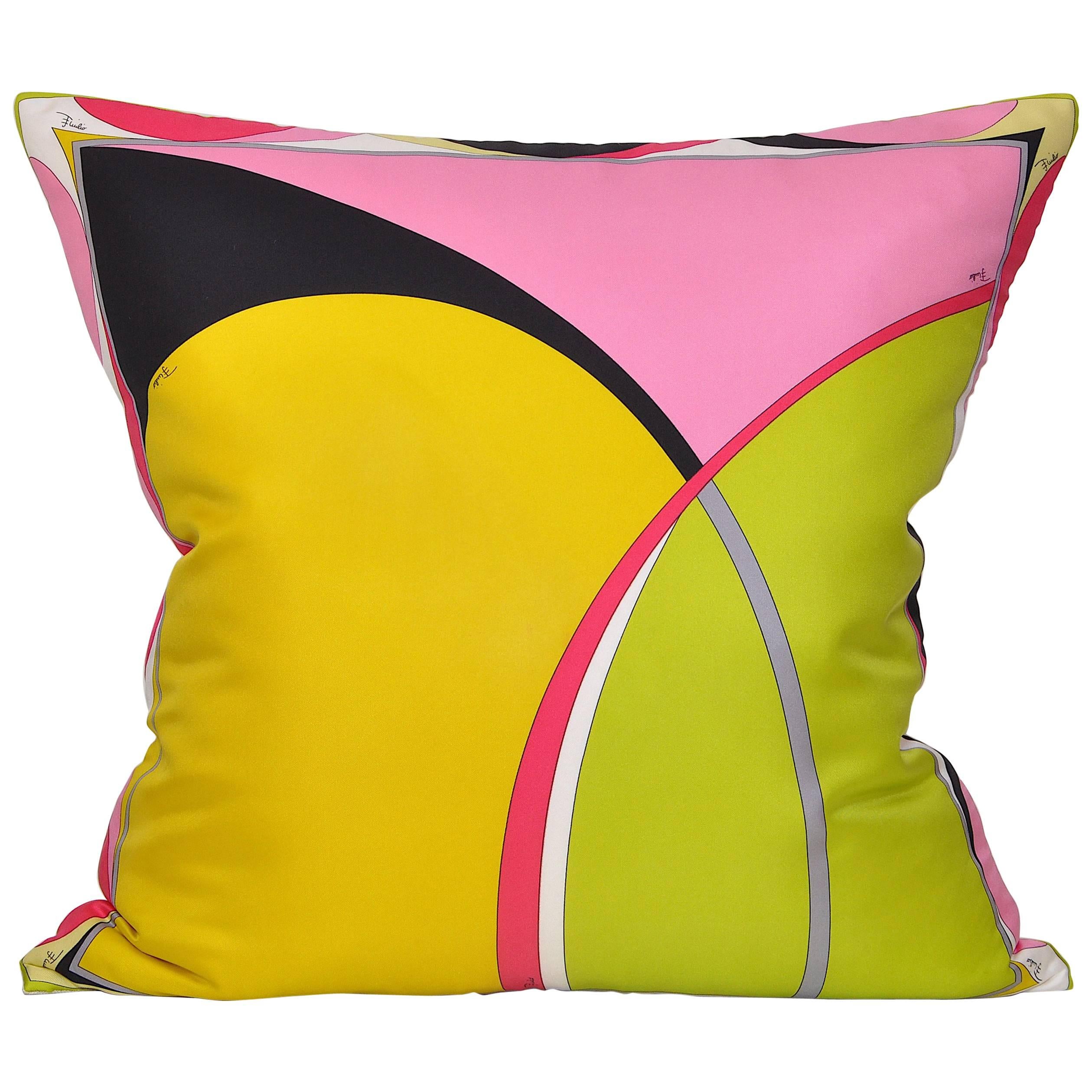 Vintage Pucci Yellow Geometric Silk Scarf and Irish Linen Cushion Pillow For Sale
