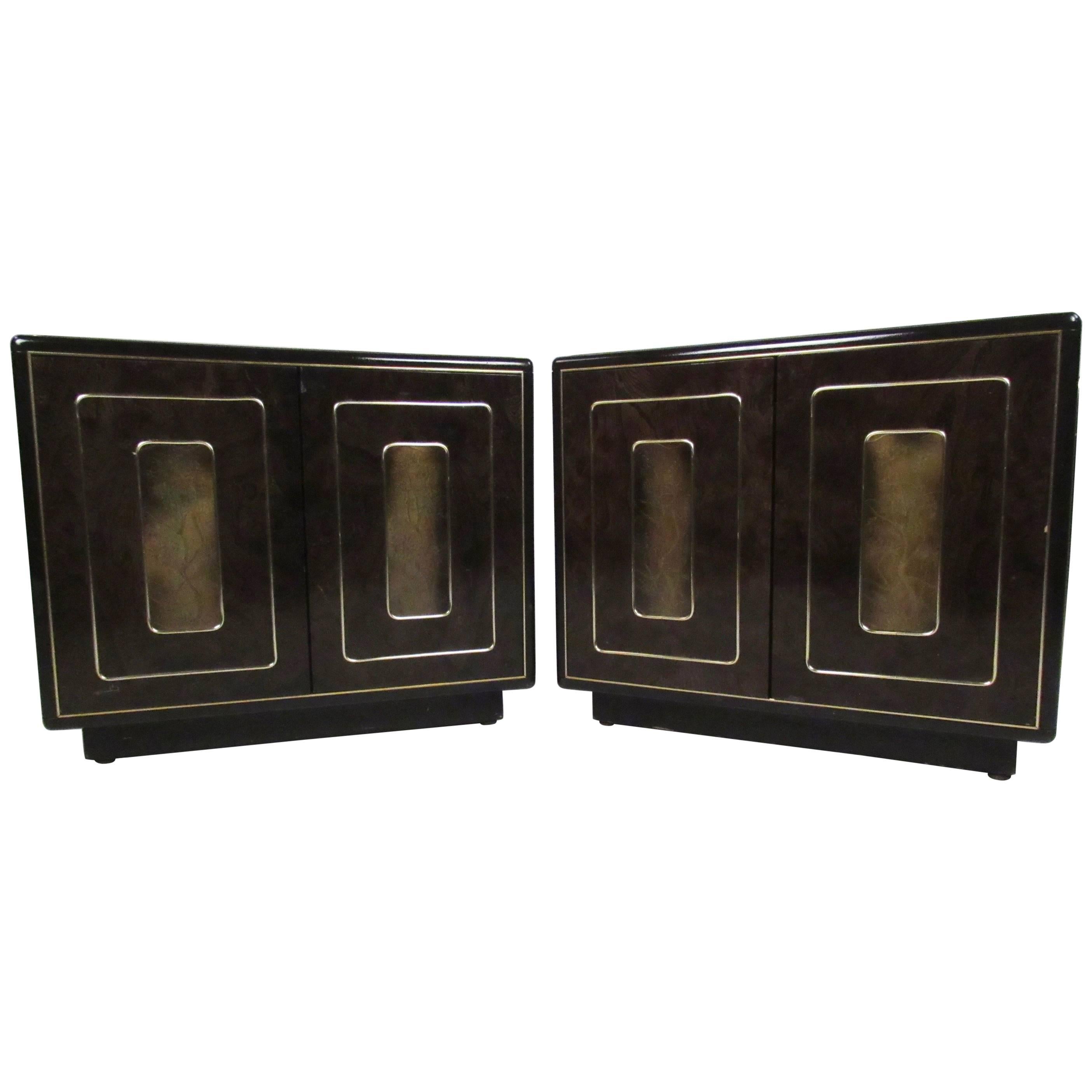 Pair of Vintage Brass and Burl Nightstands by Bernhard Rohne