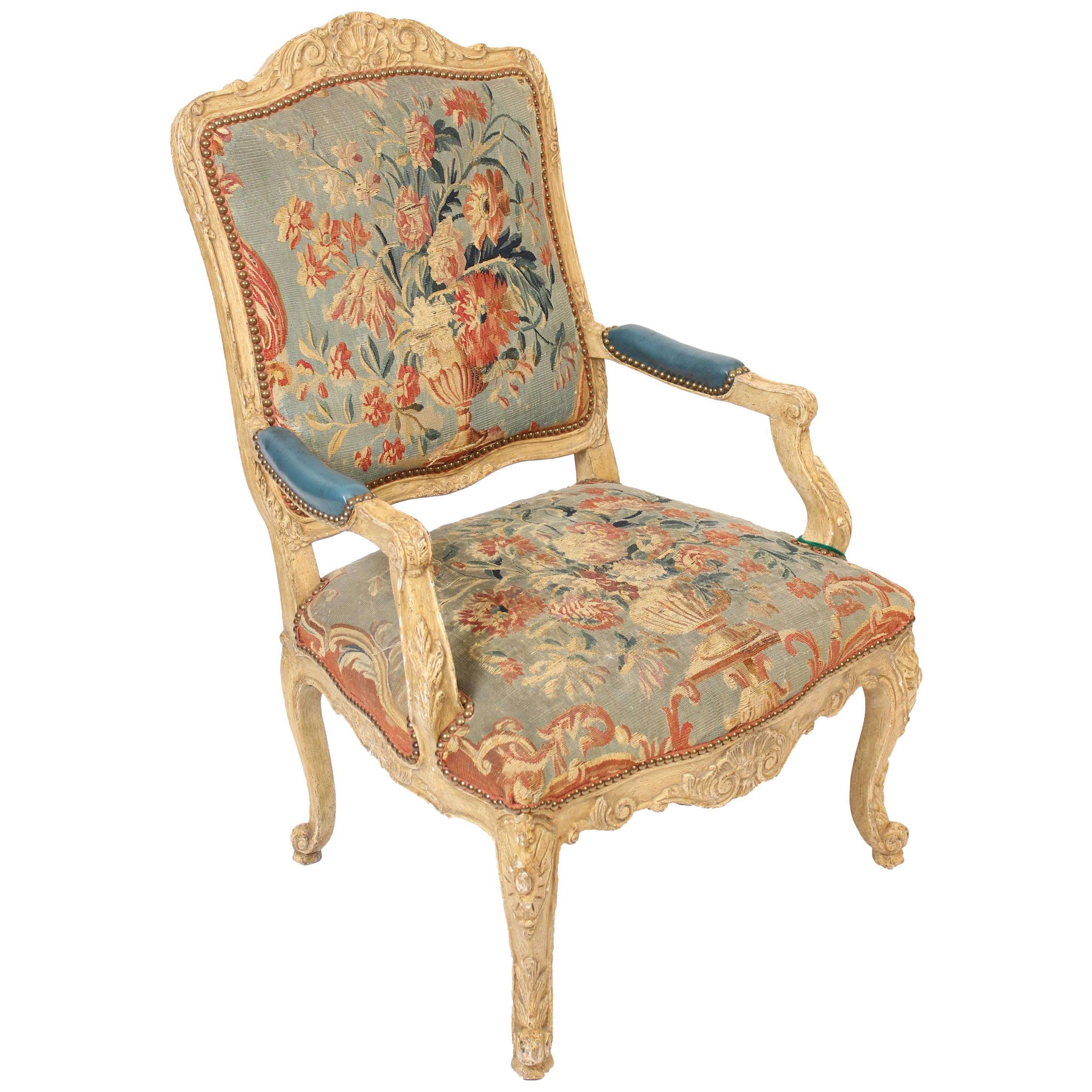 Louis XV Style Painted Armchair Upholstered in Antique Tapestry