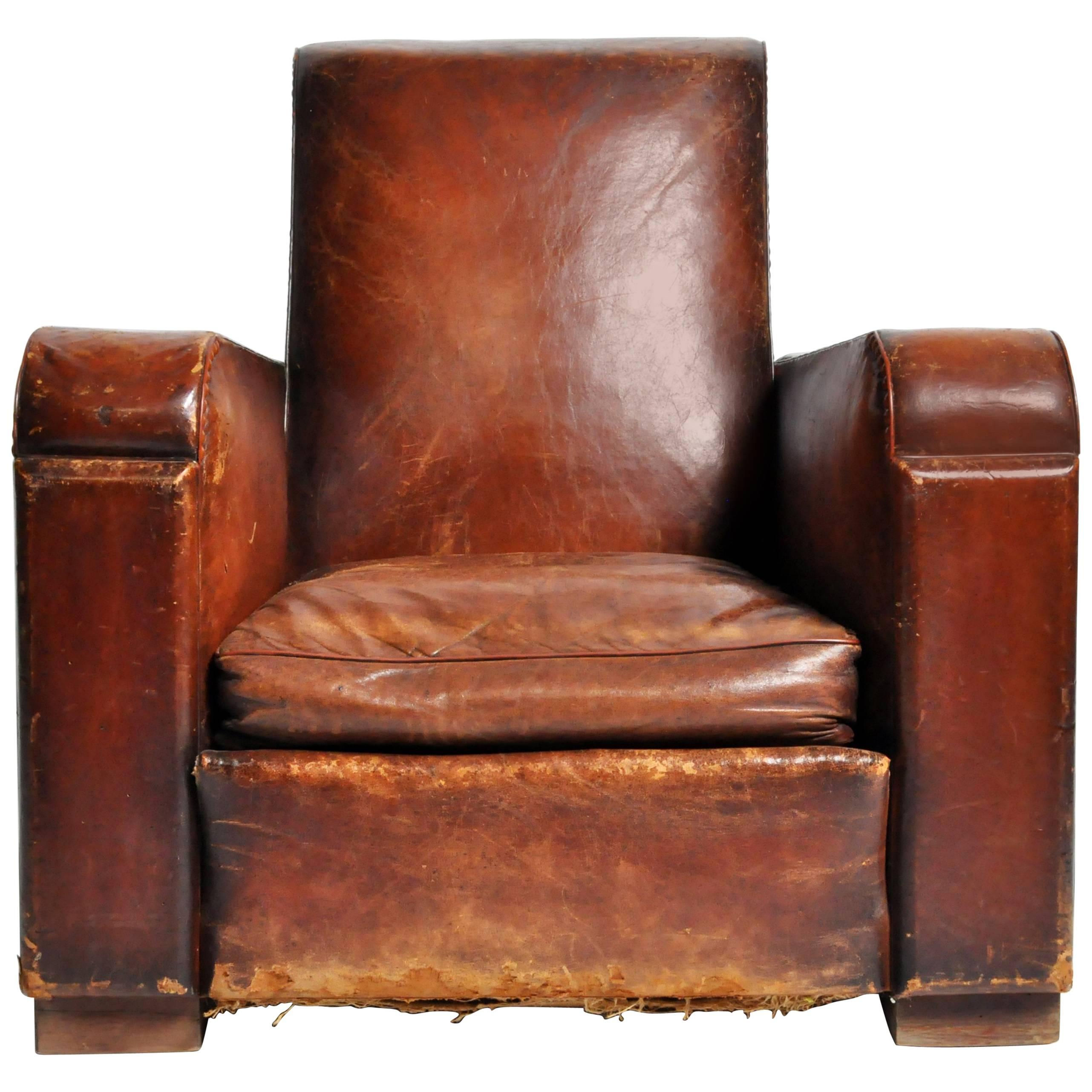 Art Deco French Leather Club Chair with Original Patina