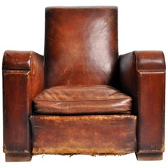 Art Deco French Leather Club Chair with Original Patina