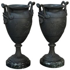 Pair Of 19th Century Spelter Mantel Urns on Marble Bases