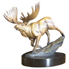 Bronze Painted Moose Sculpture on Marble Base