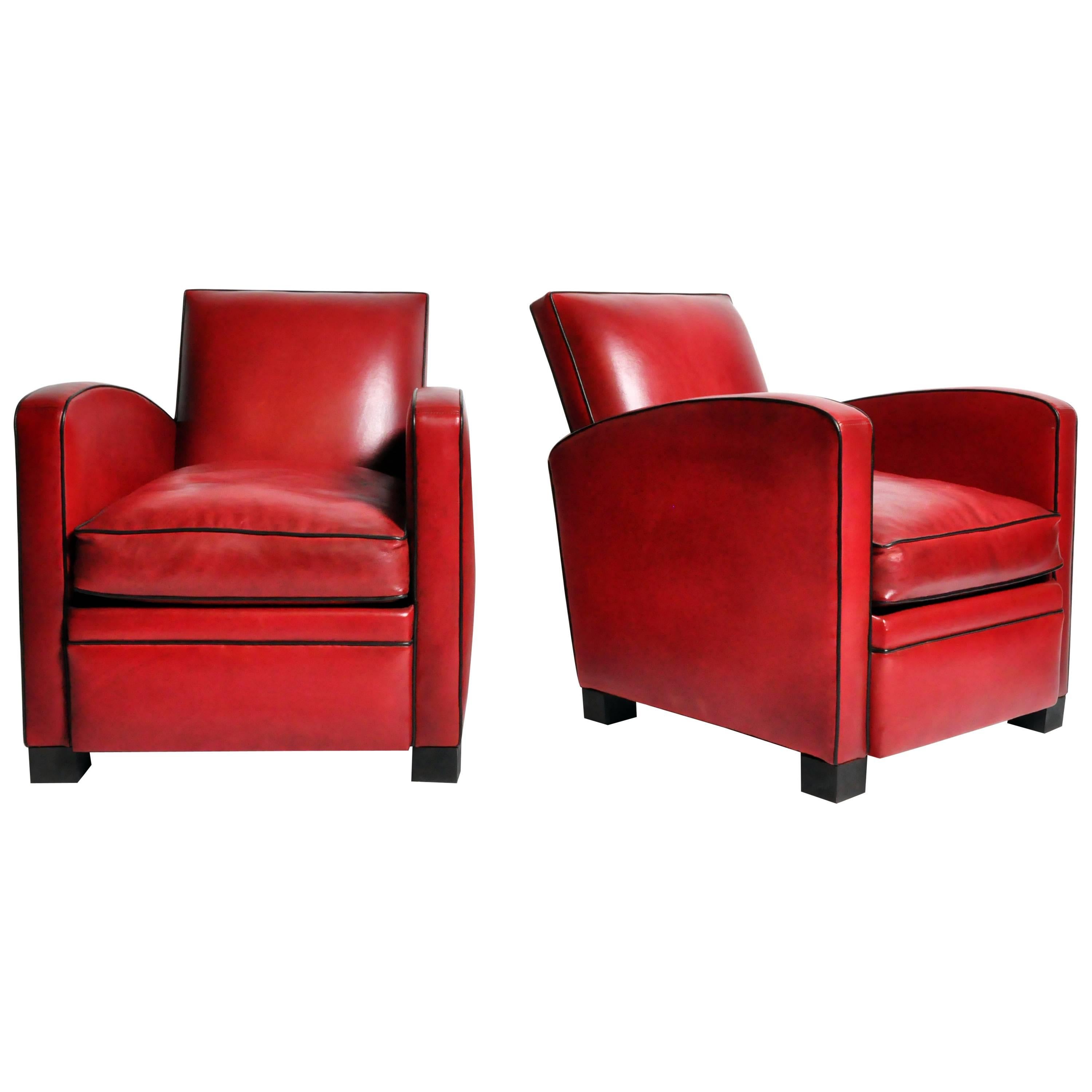Pair of Parisian Red Leather Club Chairs with Black Piping