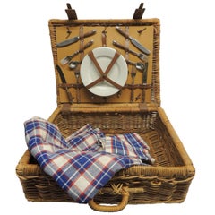 Vintage Picnic Wicker Basket with Blanket and Serving Set