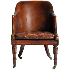 19th Century Napoleon III Round Back Leather Chair with Original Brass Casters