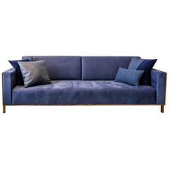 "Lina" Sofa Minimalist Style in Blue Velvet and Pau Ferro Brazilian Wood