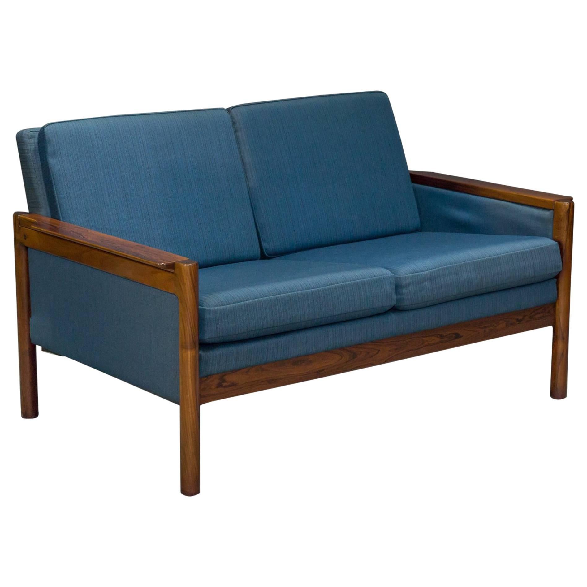 Danish Modern Rosewood Settee with Blue Textile For Sale