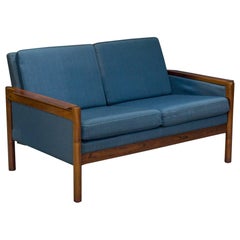 Danish Modern Rosewood Settee with Blue Textile