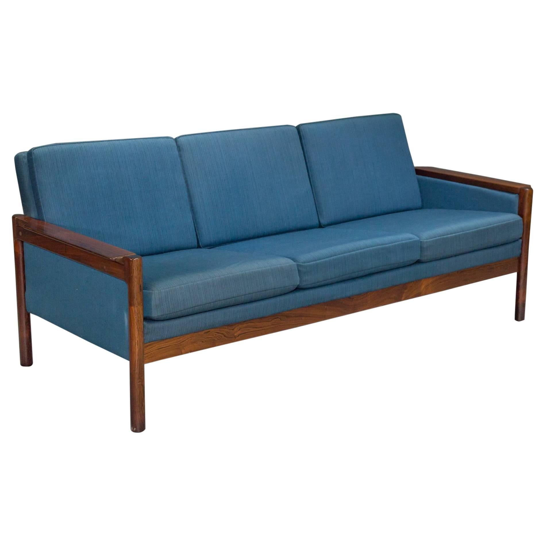 Three-Seat Danish Modern Rosewood Sofa with Blue Textile