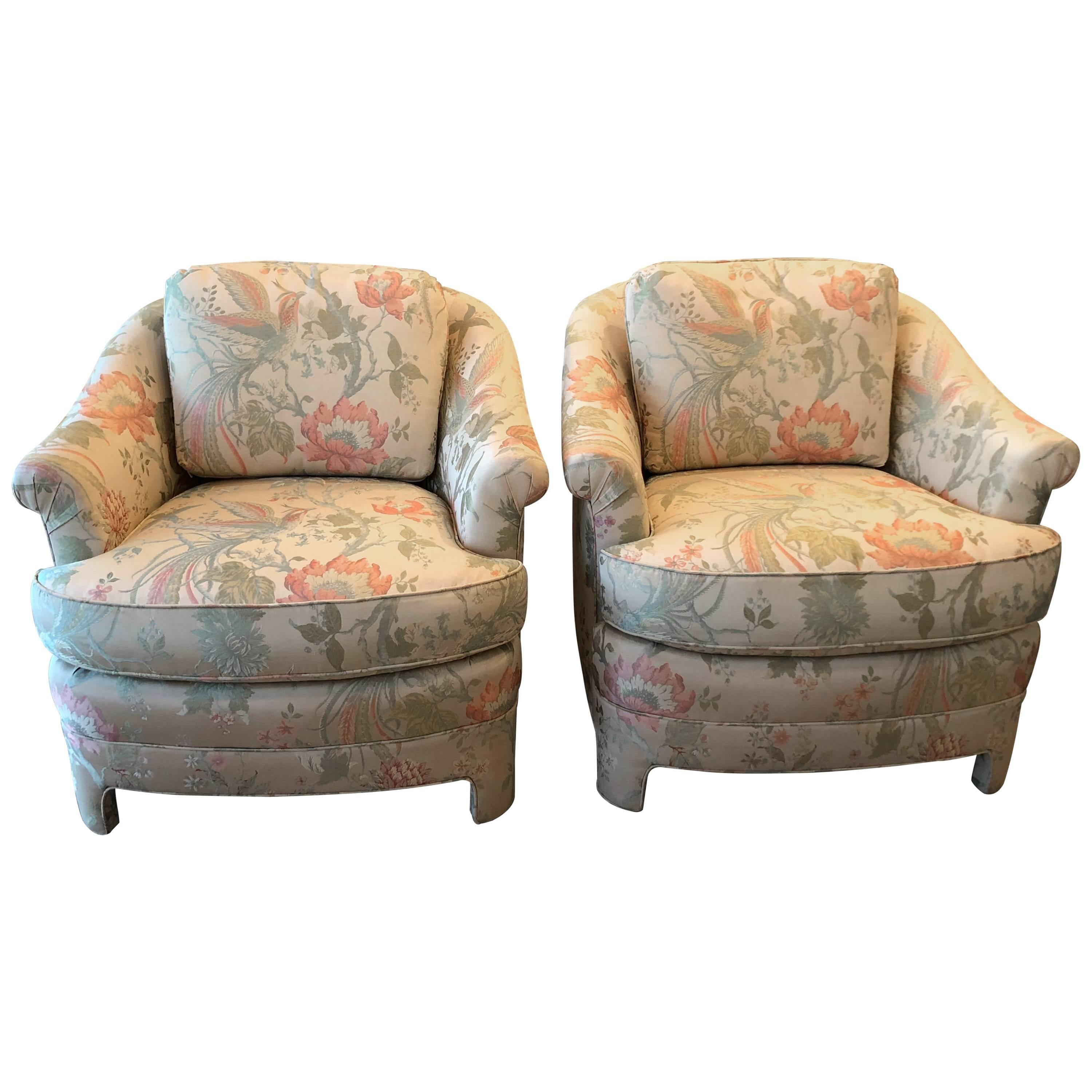 Pair of Vintage Club Tropical Birds Lounge Armchairs Arm Chairs Chinoiserie