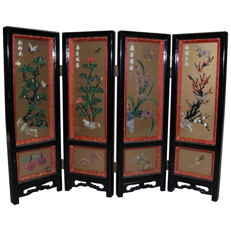 Chinese Black Lacquer Carved Jade and Stone Floral Shadow Box Table