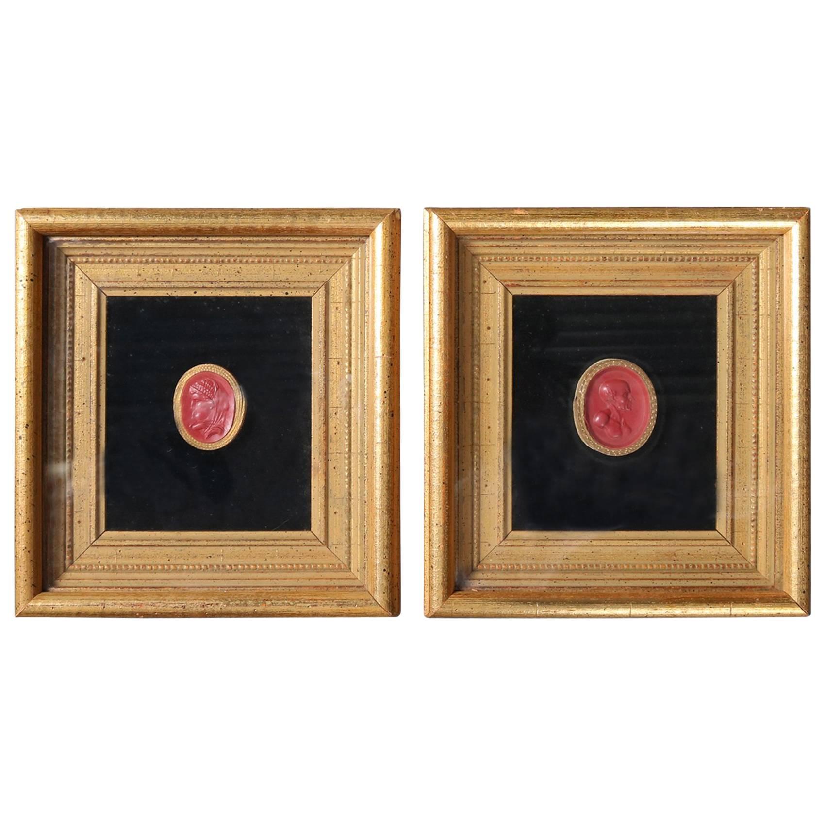 Pair of Miniature Classical Wax Portraits in Giltwood Frames, 19th Century