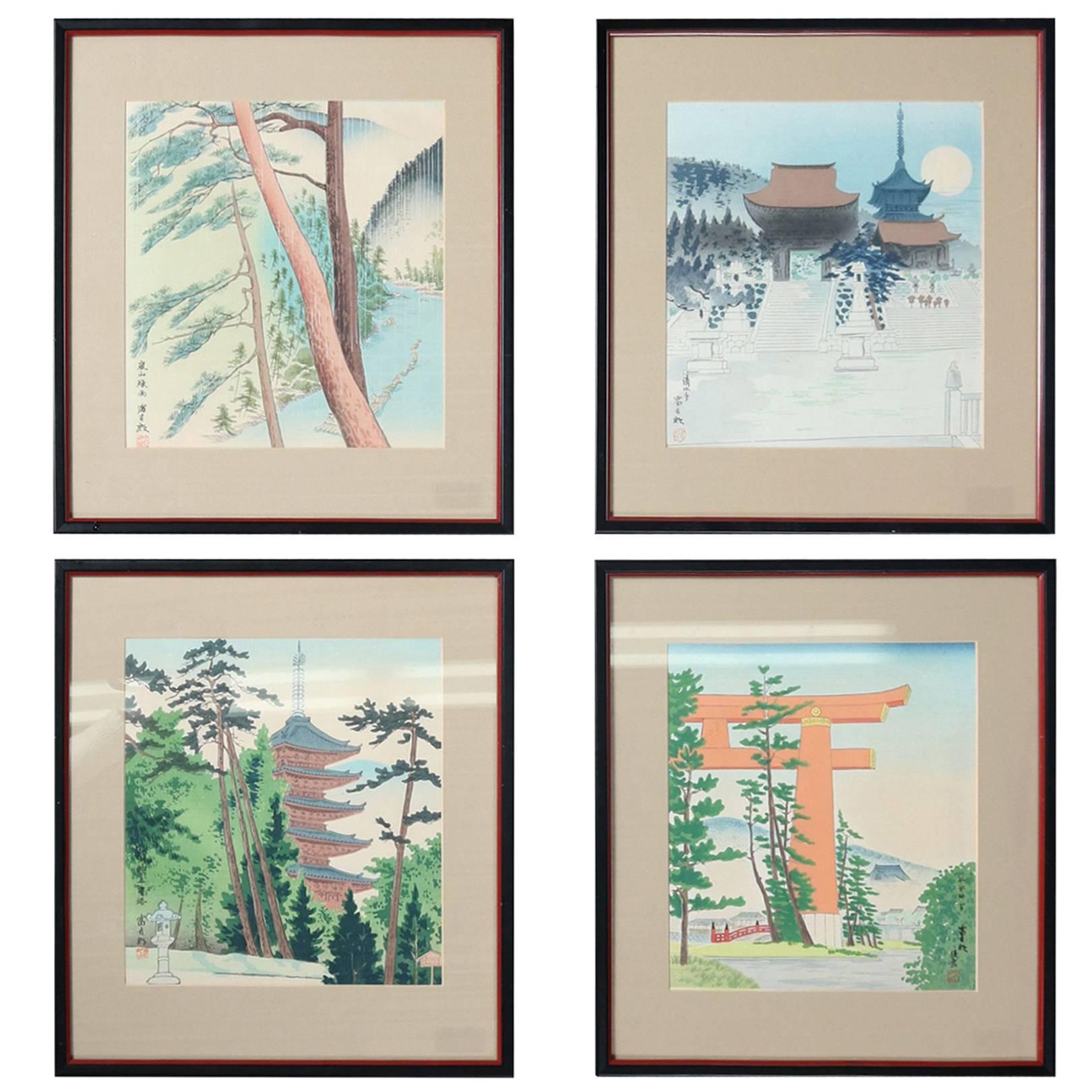Set of Four Japanese Watercolor Wood Block Prints by Tomikichiro Tokuriki