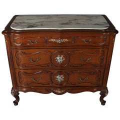 Vintage French Louis XIV Style Hand-Painted Mahogany Marble Top Commode