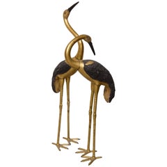 Vintage Brass Life Size Pair of Cranes Birds Sculptures