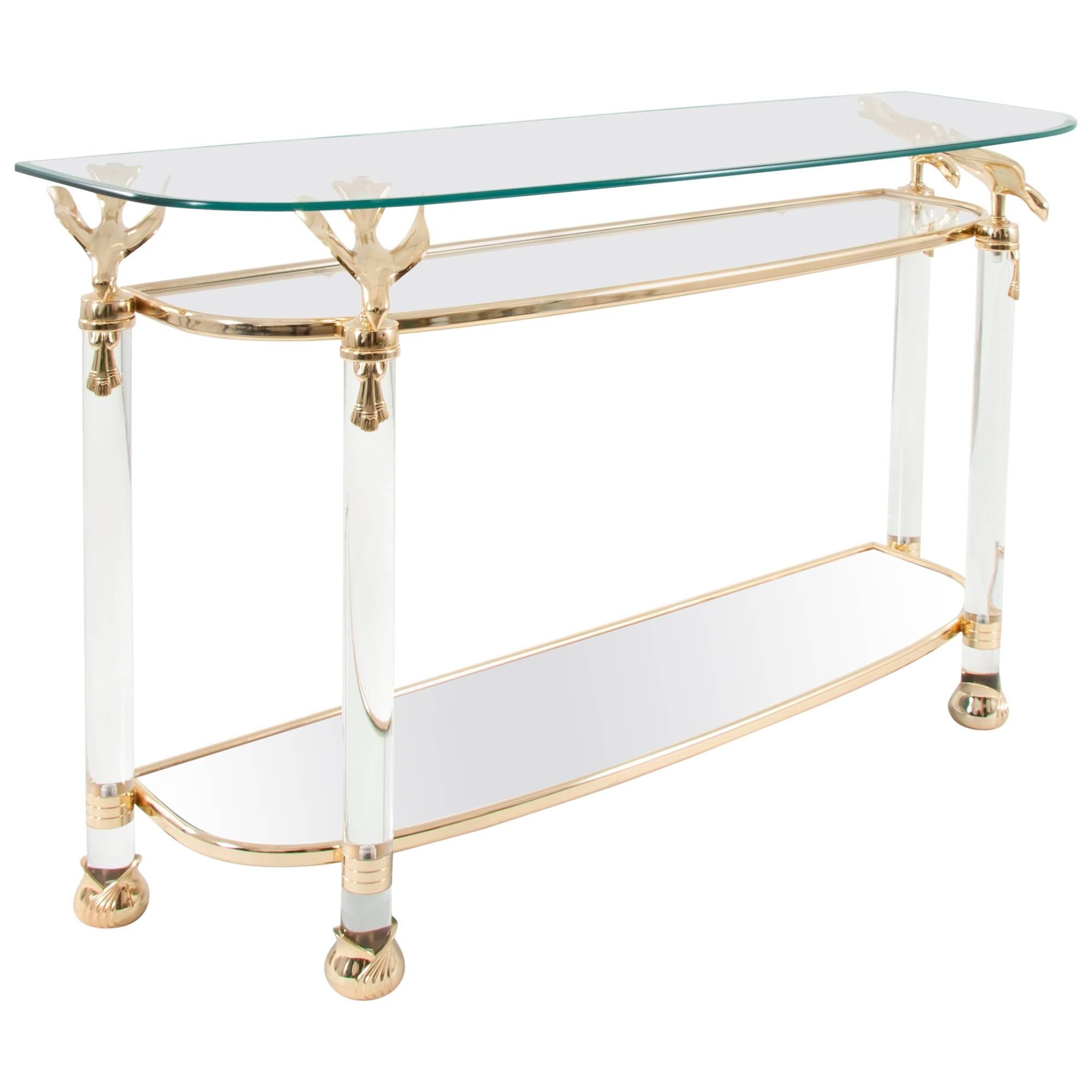 Solid Lucite Brass Birds Hollywood Regency Console Table, Italy, 1970s