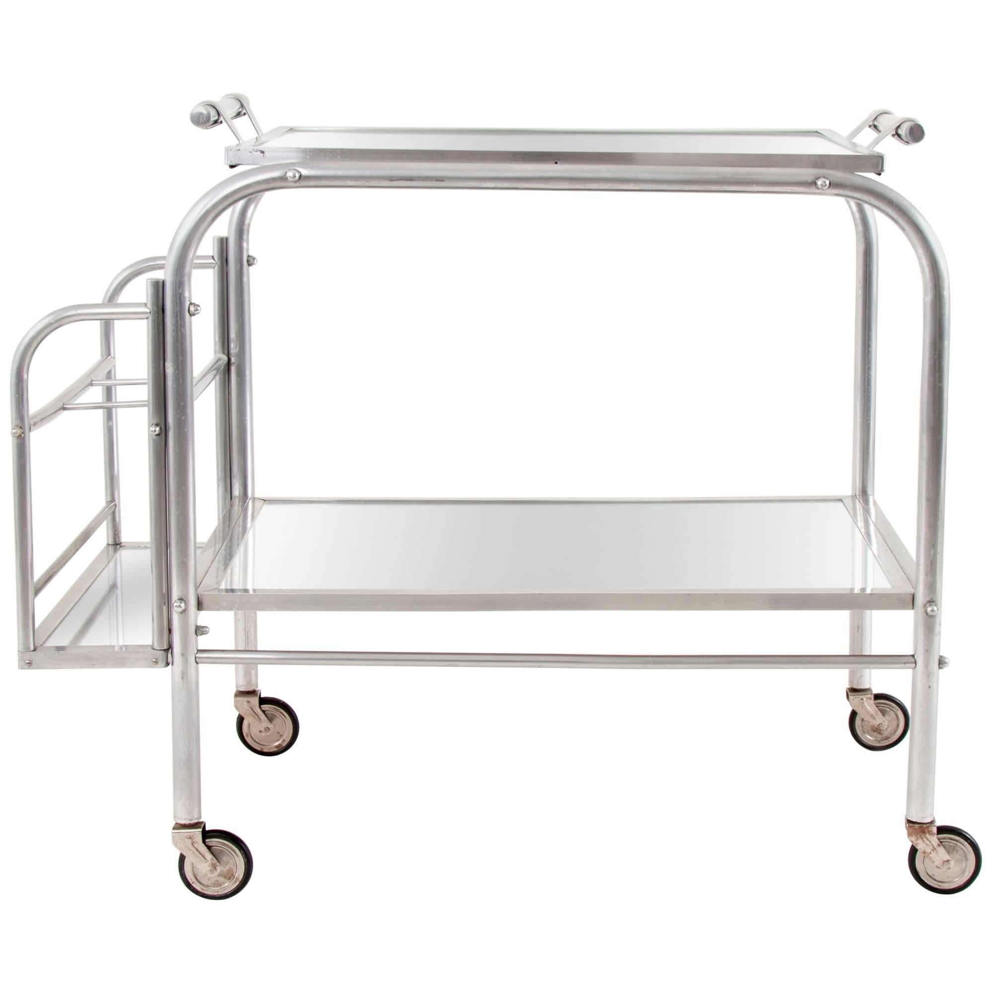 Art Deco Serving Bar Cart with Mirror Tray, Jacques Adnet Attributed, France