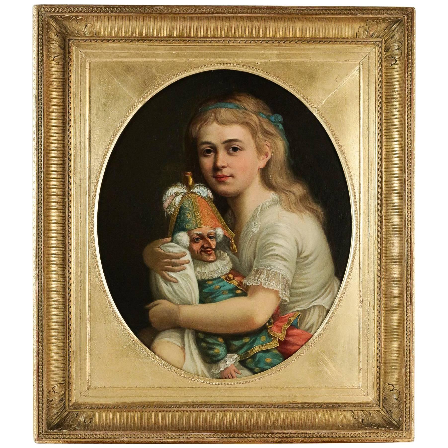 Romantic French School, The Young Girl to the Buffoon, Oil on Canvas Circa 1830 For Sale