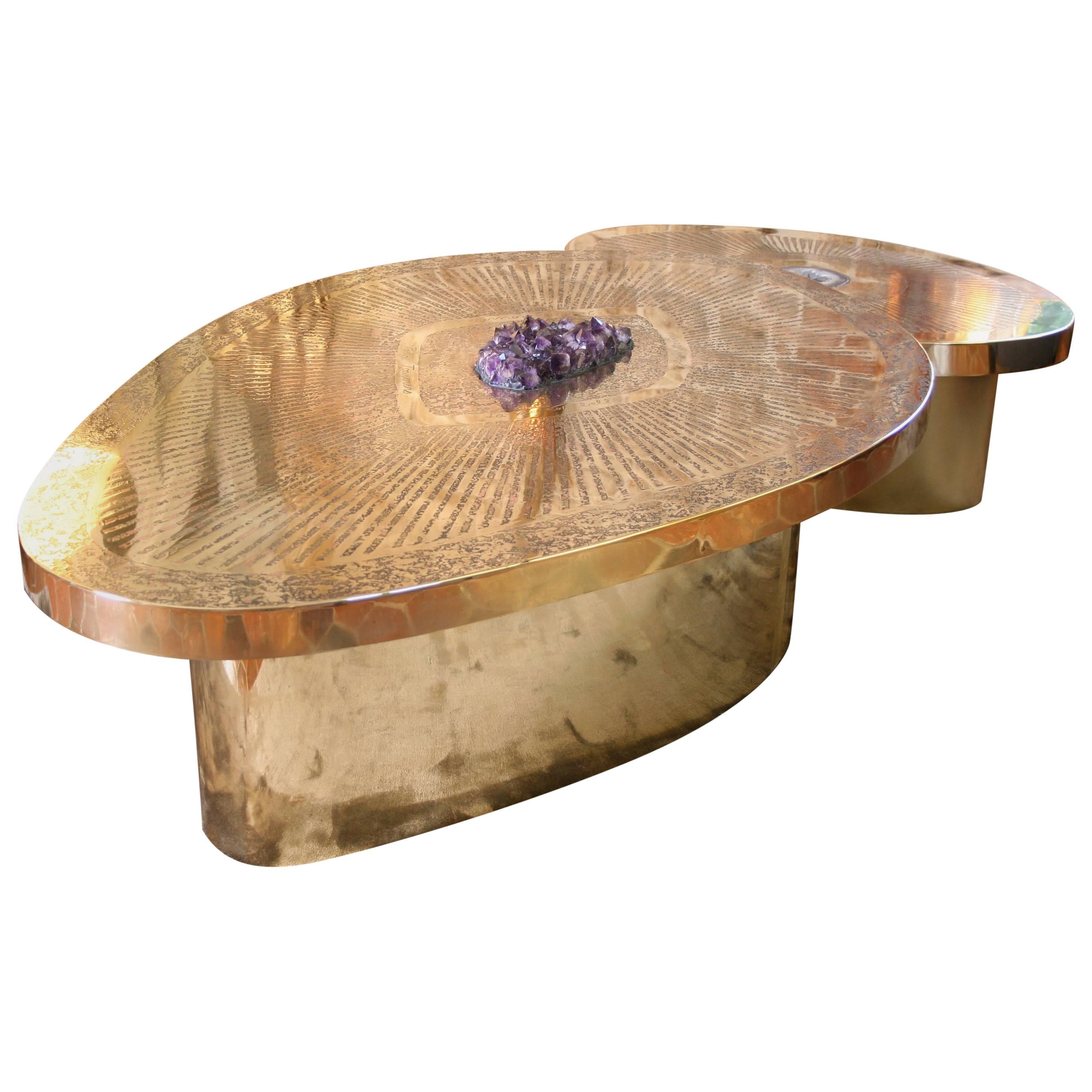 Double Coffee Table Irisha, Etched Brass, Amethyst and Agate by Jean Arriau