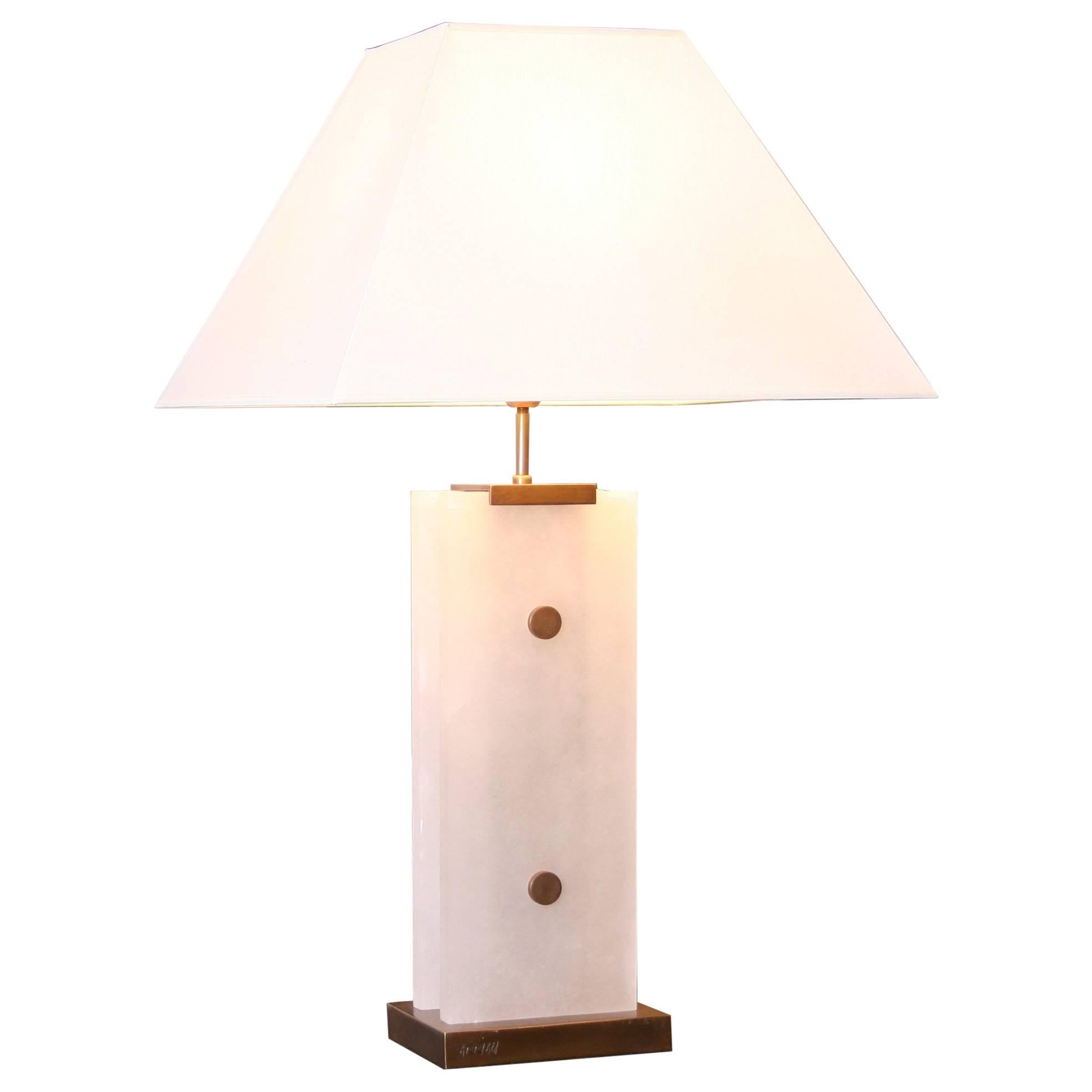 Table Lamp in Alabaster and Patinated Brass by Arriau, Mineralium For Sale