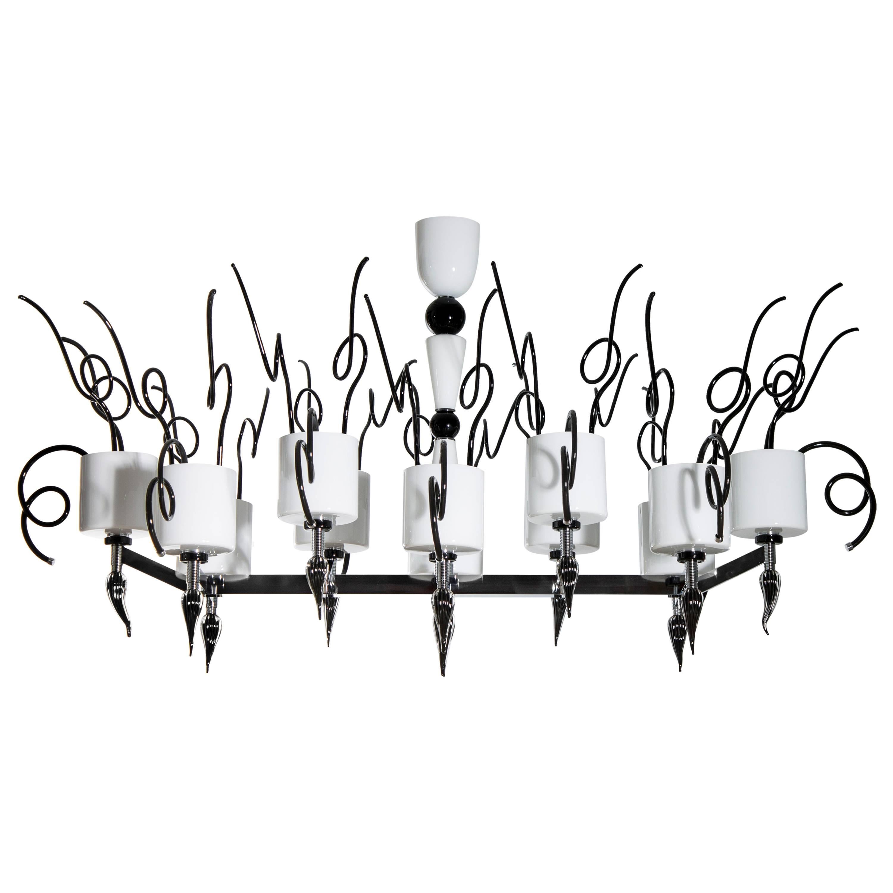 Curly Chandelier black and white in blown Murano Glass contemporary Italy
