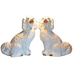 Antique Pair of 19th Century Staffordshire Dogs White with Gold, Black Detail, England