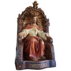 Early 20th Century 'Christ is King' Polychrome Painted, Cast Plaster Sculpture