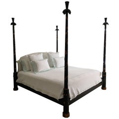 Vintage Black Painted and Parcel-Gilt King Size Four Poster Bed by Julia Gray