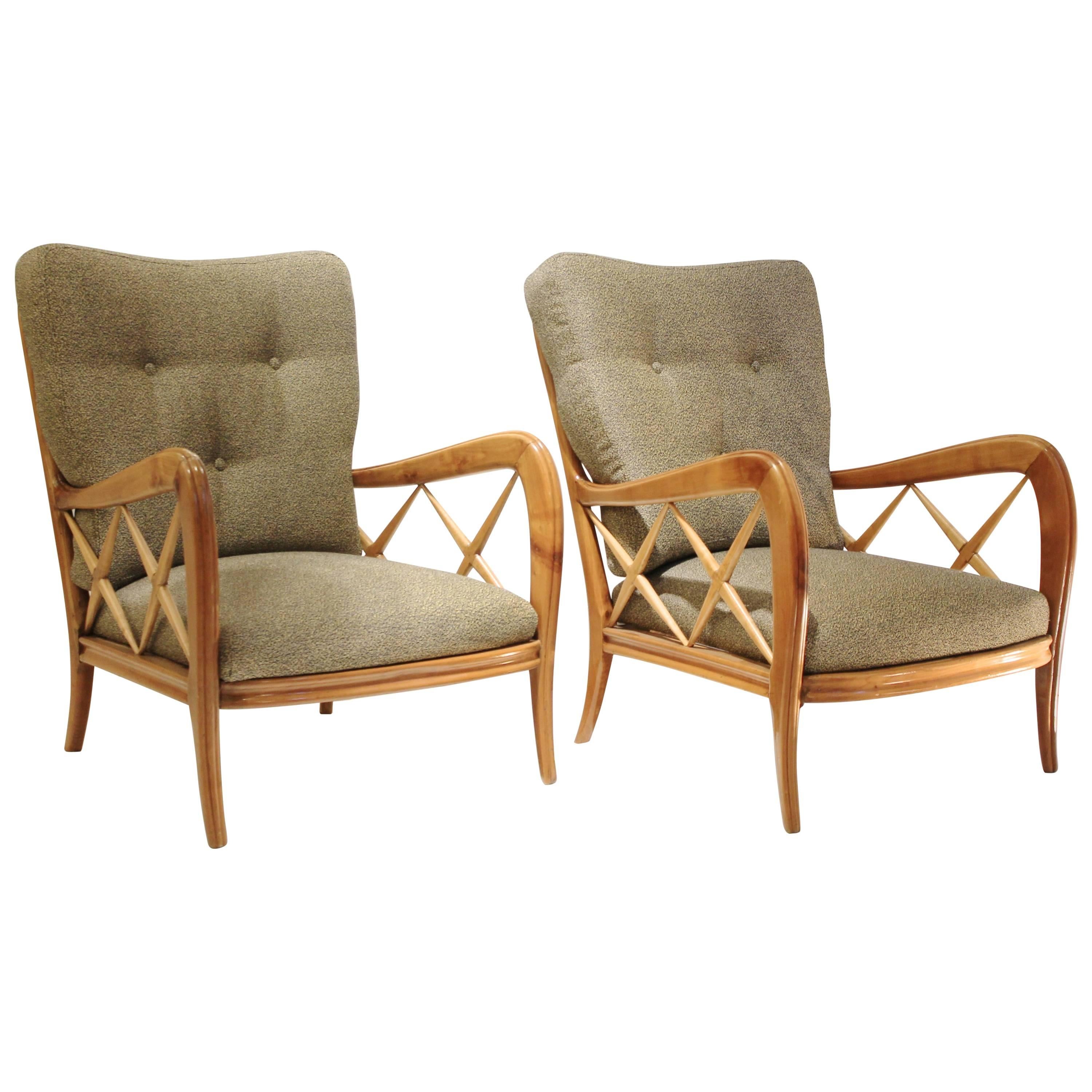 Pair of 1940s Paolo Buffa Cherrywood Armchairs, New Pierre Frey Upholstery