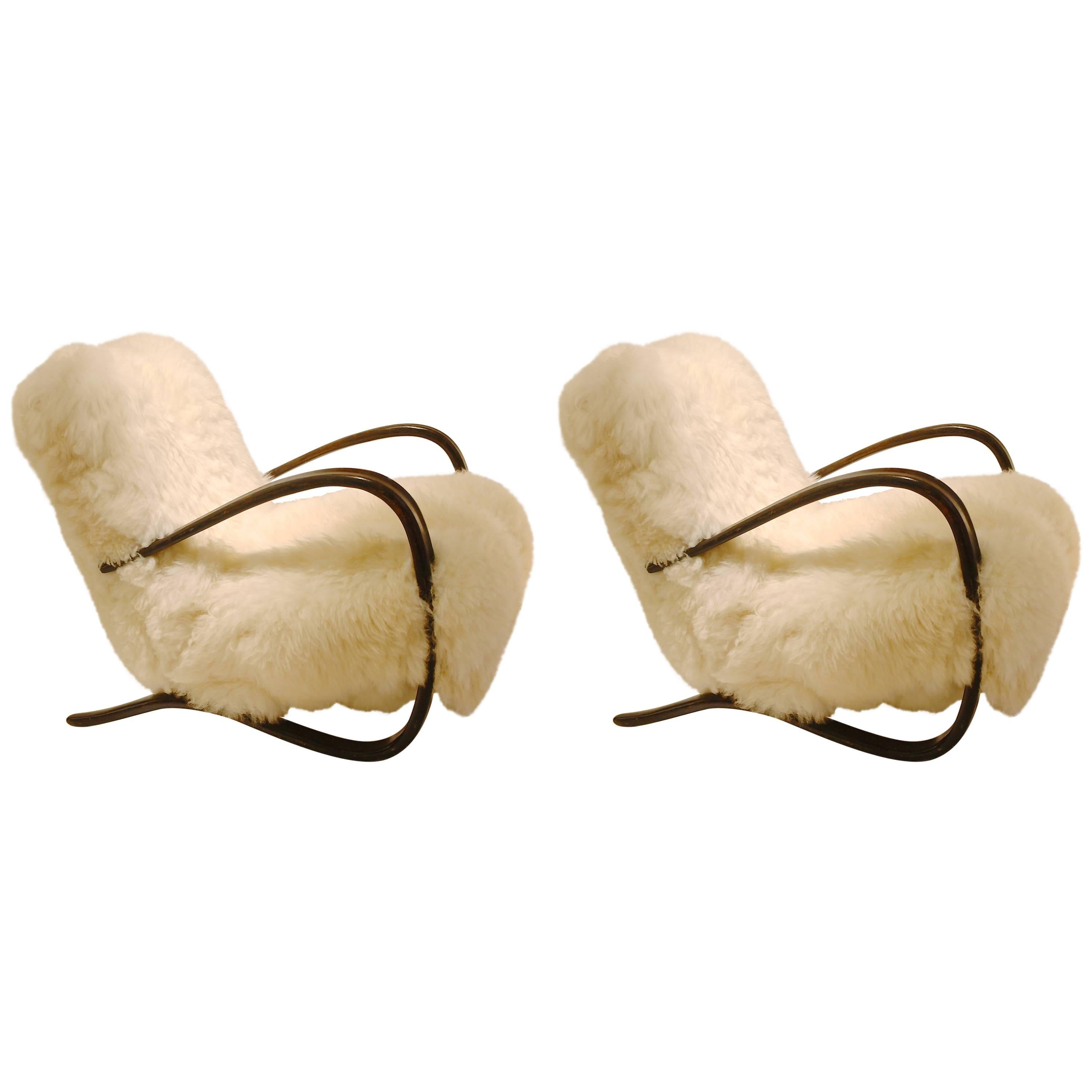 Pair of Midcentury Jindrich Halabala Armchairs in Bentwood and Sheepskin