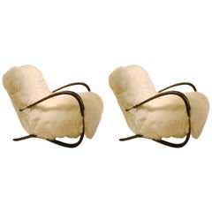 Pair of Midcentury Jindrich Halabala Armchairs in Bentwood and Sheepskin