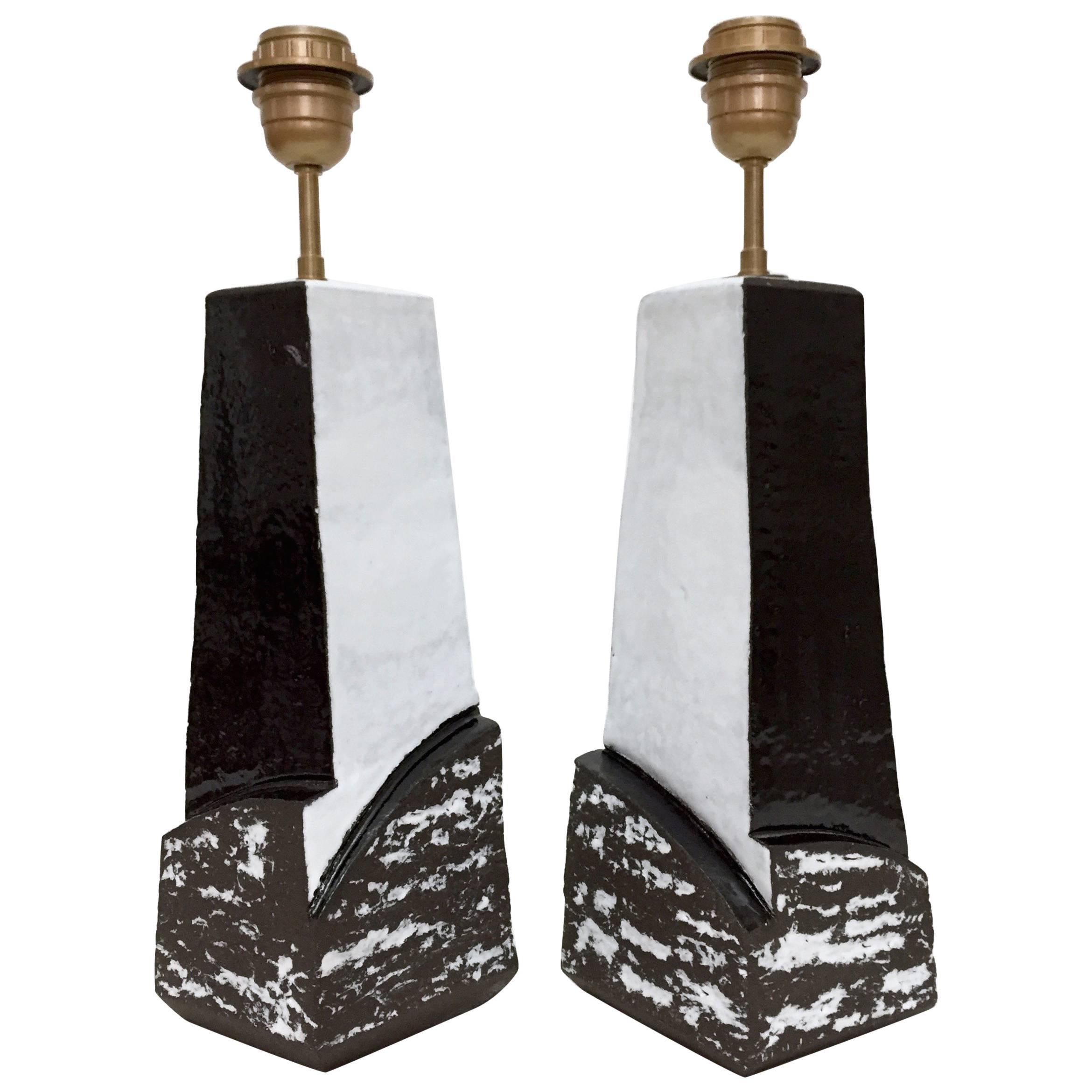 Pair of Ceramic Lamp Bases Glazed in Black and White