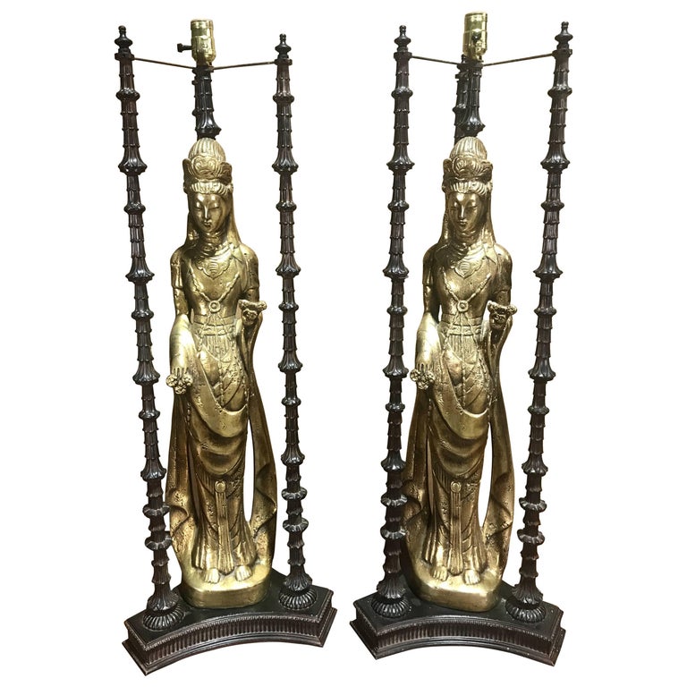 Pair of Vintage Antiqued Kwan Yin Statue Table Lamps For Sale at 1stdibs