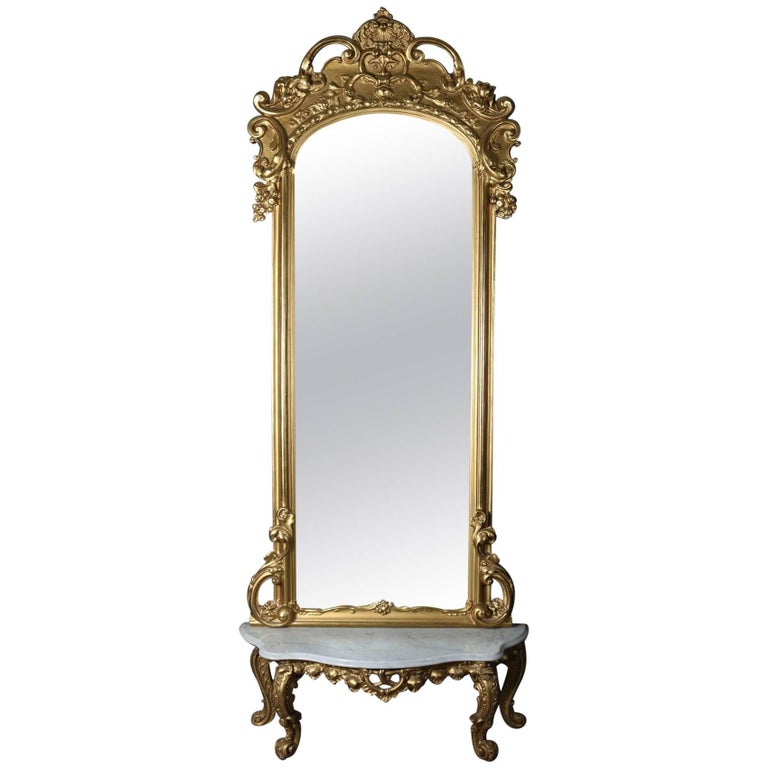Antique French Louis XIV Style Giltwood Pier Mirror with Marble Top