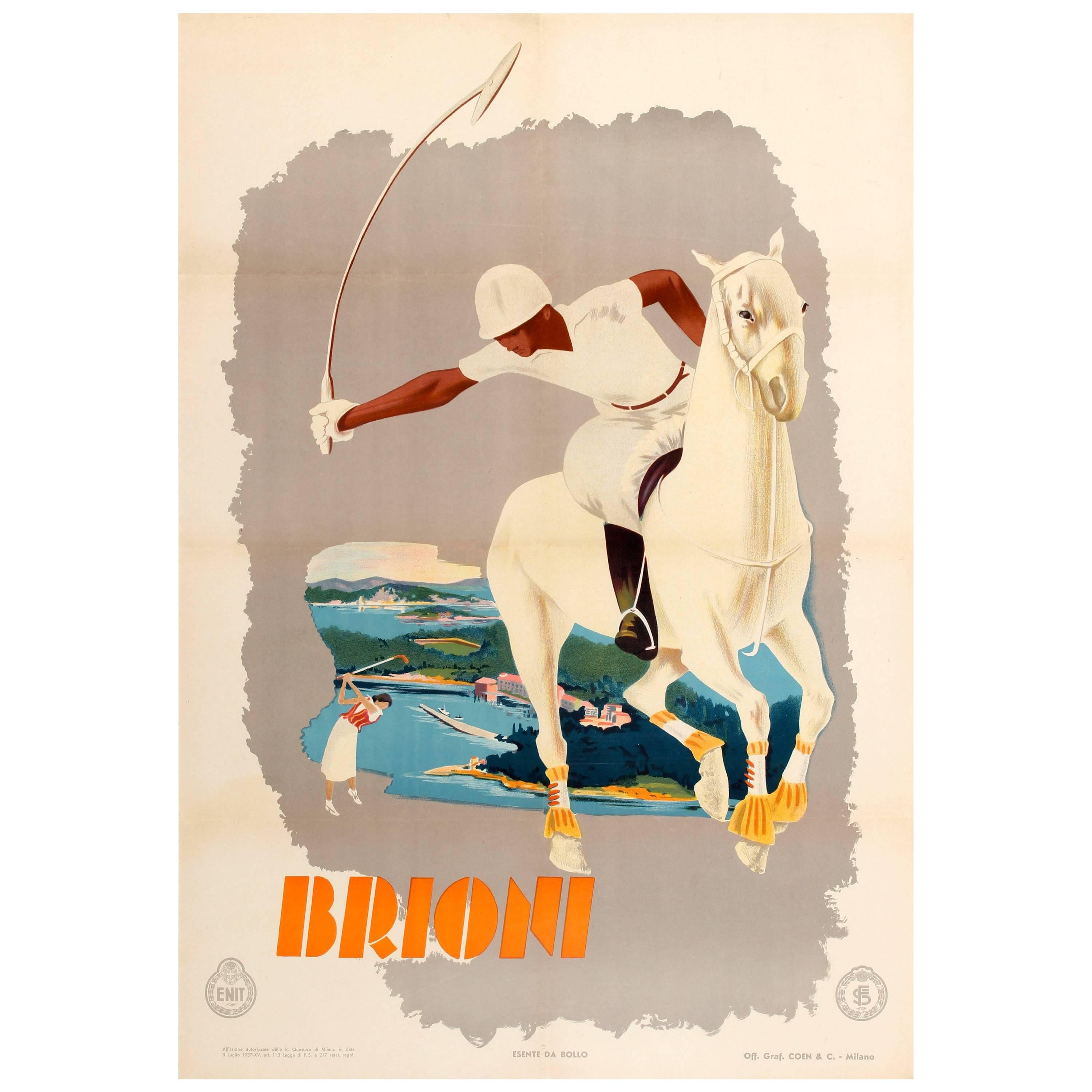 Original Vintage Enit Art Deco Poster for Briony Brijuni Featuring Polo and Golf